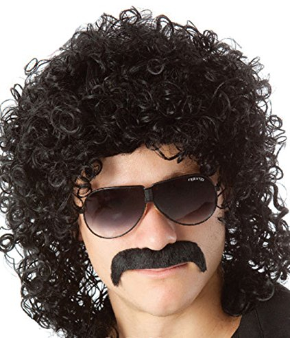 Herren Schwarze Perücke 70er Jahre Disco Popstar Lockige Perücke für Halloween Kostüm Fasching Karneval