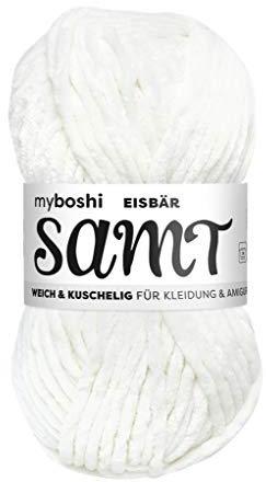 myboshi Samt Wolle zum Häkeln und Stricken, weiche Chenille Wolle im XXL-Knäuel, perfekt für Amigurumi und Kissen, 100% flauschige Polyester, 100g, Ll 100m Weiß (Eisbär) 1 Knäuel