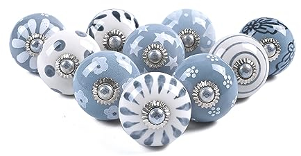 RAJRANG BRINGING RAJASTHAN TO YOU Premium Dresser Drawer Knobs and Pulls Boho Furniture Assorted - Pack of 10 - Hand Made Vintage Grey & White Ceramic Cupboard Cabinet Door Handles
