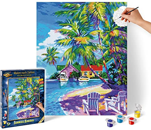Schipper- Plage 609130830-Peinture par numéros-Caraïbes ensoleillées-Photos Adultes-avec pinceaux et peintures acryliques-40 x 50 cm, 602100448, Blanc, Centre