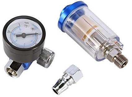 Air Pressure Regulator, 1/4’’ Thread Spray Pneumatic Gun Air Regulator Gauge + In-Line Oil Water Trap Filter Separator