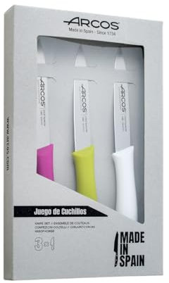 Arcos | Set 3 Cuchillos Mondadores | Cuchillos Arcos | cuchillo de pelar | cuchillos pelar patatas | Acero Inoxidable Nitrum | Hoja de 100 mm | Envase Ecológico | Multicolor