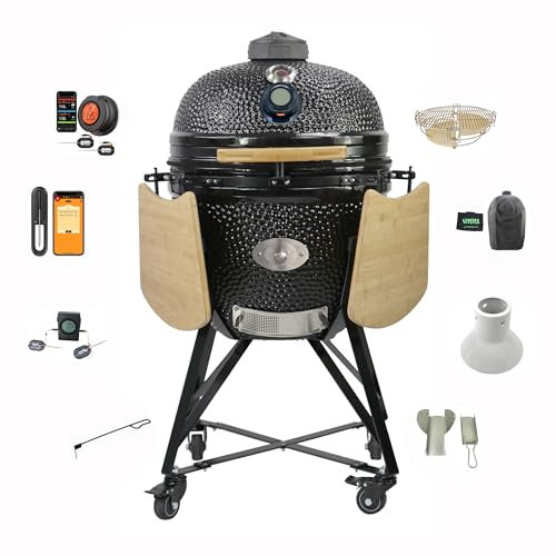 YNNI KAMADO TQTV23BL XL 58,4 cm Grill, schwarz, Chipfeeder, Bündel, BBQ, Keramik, Ei, Smoker, TQTV23BL