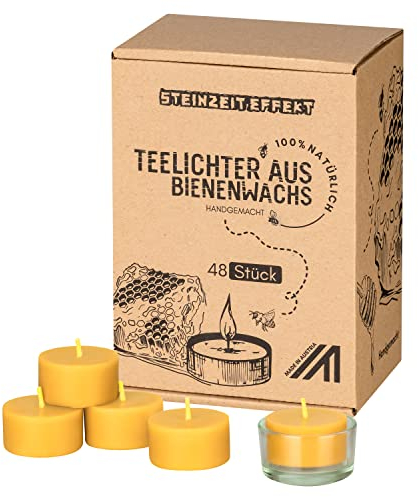 Steinzeiteffekt Lot de 48 bougies chauffe-plat en cire d'abeille - Fabriquées à la main par apiculteurs bio avec photophore en verre - Certifié FSC - Sans pesticides - 100 % cire naturelle
