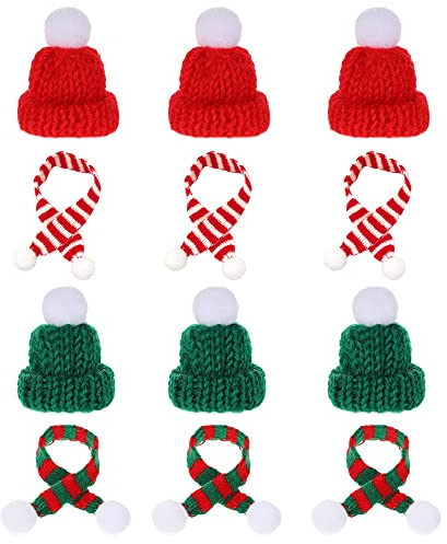 Skystuff Mini Santa Hats Set, 6 PCS Mini Christmas Hats with 6 PCS Mini Scarf Mini Knit Hats Wine Bottle Covers Table Decor Cutlery Holders Champagne Cover Finger Hats Xmas Decoration, S
