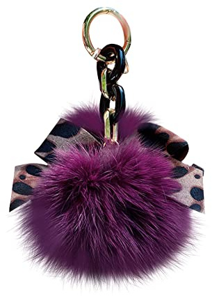 Asudaro Pompom Schlüsselanhänger, Flauschige Faux Plüsch Pompom Ball Tasche Anhänger Fuchspelz Taschenanhänger Mode Leopard Fliege für Frau Auto Spielzeug Schlüsselanhänger,Violett
