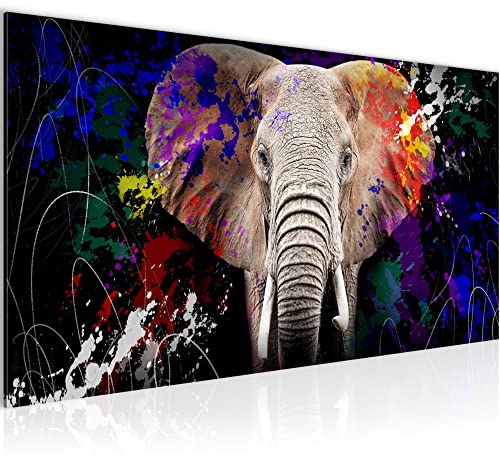 Runa Art Wandbild Tiere Bunt Elefant 1 Teilig 100 x 40 cm Modern Bild auf Vlies Leinwand Street Art Graffiti Loft Wohnzimmer Schwarz 040812c
