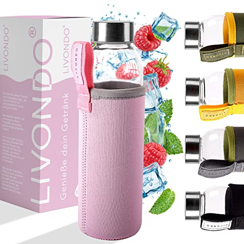 LIVONDO Trinkflasche Glas 0,5 lt. mit Edelstahl Schraubverschluss und Neopren Hülle | Geschirrspüler fest (Liebe - Piruette)