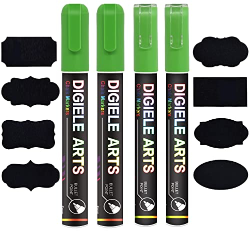 DIGIELE Kreidestift Grün, 2 Grün Kreidestifte 3mm + 2 Grün Kreidemarker 6mm + 16 Tafel Labels, Reversibel Stiftspitze, Trocken/Feucht Abwischbare Flüssigkreide für Whiteboard, Tafel, Fenster & Glas