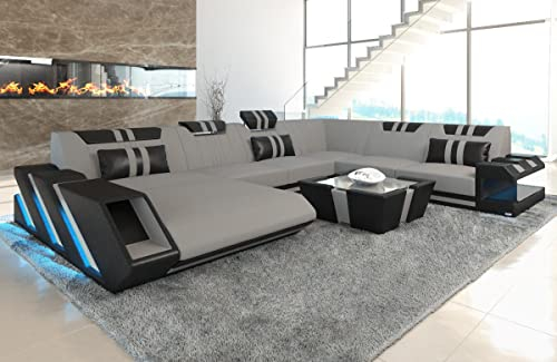 Sofa XXL Wohnlandschaft Apollonia U Form Stoffsofa - mit LED Beleuchtung, verstellbare Kopfstützen, Recamiere/Mikrofaser/Ausrichtung wählbar (Ottomane Links, Hellgrau-Schwarz C76)