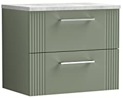 nuie DPF893LBG Deco Modern Bathroom Wall Hung 2 Drawer Part Fluted Vanity Basin Unit with Laminate Bellato Grey Worktop, 600mm, Satin Green