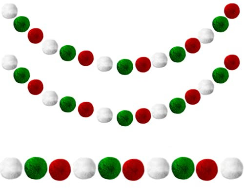 2 Packs Christmas Pom Pom Garland Banner - 2m/6.56ft 30 Balls Felt Ball Garland Hanging Ornaments for Party Festivals Christmas Tree Wall Decoration, Xmas Tree Wall Party Photo Prop Decor