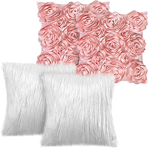 Oudain Decorative 3D Rose Flower Pillow Cover, Faux Fur Throw Pillow Covers, 16 x 16 Inch Throw Pillows for Bed Soft Square Sofa Pillow Covers for Xmas Sofa Bedroom Car (Pink Rose, White Fur, 4 Pcs)