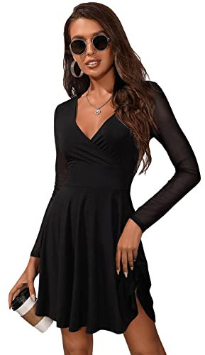 GORGLITTER Damen Netz Ärmel Kleider A Linie Tief V-Ausschnitt Elegant Minikleid Mesh Partykleid Skaterkleid Schwarz L