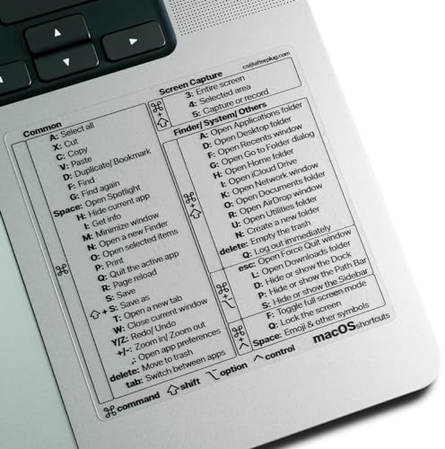 Afterplug Mac OS Keyboard Shortcuts Sticker, 50+ Shortcuts for 13-16 inch MacBook Pro & Air, Residue-Free Vinyl (1, Clear)