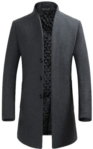 YOUTHUP Men's Coat Winter Thick Wool Trench Coat Mid-Length Slim Fit Padded Warm Casual Peacoat, Grey(Design 2), L