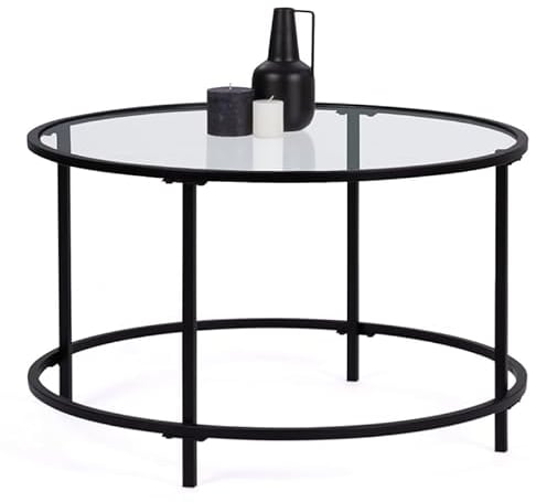 IDMarket – Mesa baja redonda Merano 70 cm bandeja de cristal y pie de metal