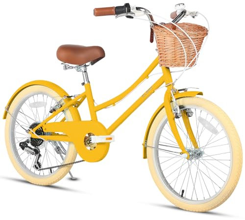 Glerc Missy 20 Zoll Mädchen Cruiser Kinder Fahrrad 6-Gang Teen Hybrid City Fahrrad für Jugend Alter 6 7 8 9 10 11 12 Jahre alt mit Weidenkorb & Leichtgewicht, Gelb
