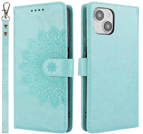 ELTEKER Handyhülle iPhone 15 Hülle Premium PU Lederhülle Schutzhülle mit Kartenfäch Standfunktion Elegante Prägung Klapphülle für iPhone 15 Grün