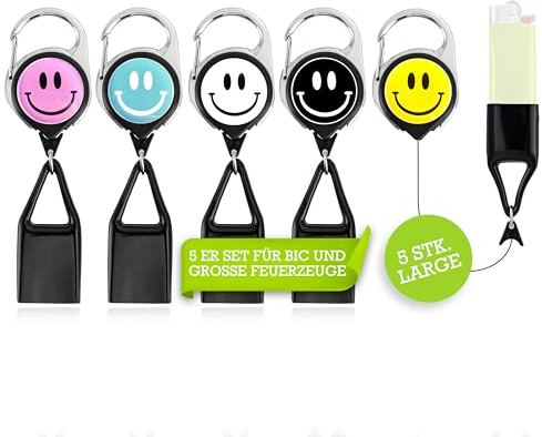 Feuerzeug Schlüsselanhänger 5 er Set Lighter Leash kompatibel mit nahezu jedem Feuerzeug - Feuerzeug Clips mit ausziehbarer Schnur in Größe L (L)