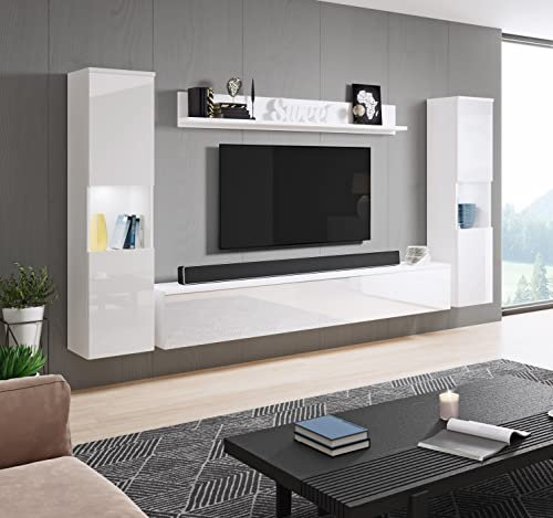Conjunto de Muebles de salón Paris XL, iluminación LED incluida, Juego de Muebles de salón, Muebles de salón Modernos (Blanco/Blanco Brillo)