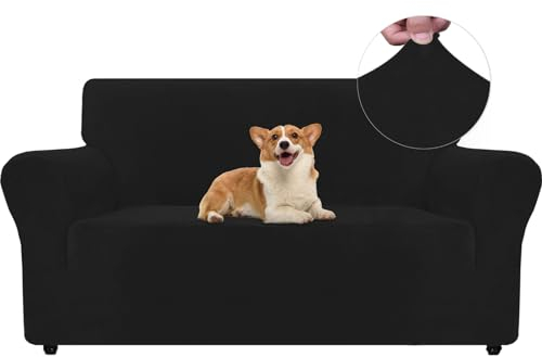Ystyle Samt Sofabezug 2 Sitzer, Stretch Sofa Überzug, Sofaschoner rutschfest, Elastischer Couch Überzug, Sofa Cover Mit Armlehnen, Couchüberzüge Sofaschutz Katze Couch Überwurf, Schwarz