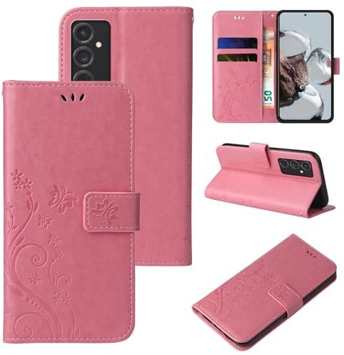 LBH Handy Hülle für Samsung Galaxy S24+ Plus Case Handytasche Schmetterling Blumen Flower Standfunktion Schutzhülle Magnet Rundum Schutz 360 Grad Flipcase Cover Rosegold