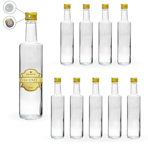 Espirito Rebelde 10 bottiglie di vetro da 500 ml con tappo a vite dorato con beccuccio versatore, bottiglie versatili per olio d'oliva, rum, whiskey, gin, tequila, liquori
