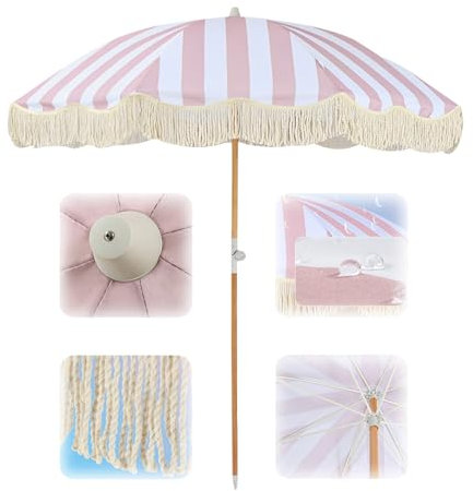 Elyrthriumc Sombrillas de playa de 6.5 pies con flecos, sombrilla de patio a rayas rosas y blancas con borlas blancas, sombrilla portátil para exteriores, sombrilla de playa, sombrilla de jardín,