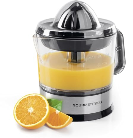 GOURMETmaxx elektrischer Entsafter für Zitrusfrüchte & Orangensaft | Saftpresse bis 700 ml Füllvolumen | Zitruspresse mit verschiedenen Zubehör für frischesten Geschmack | 40 W [transparent/silber]