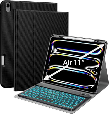 JUQITECH Case with Keyboard for iPad Air 11 Inch 2025 2024, iPad Air 7th/6th/5th/4th Generation 7 Colors Backlit Wireless Detachable Keyboard Soft Protective Cover Case with Pencil Holder, Black