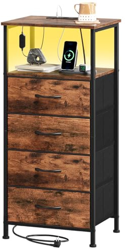 Somdot Kommode Schlafzimmer, LED-Licht & Steckdose, 4 Schubladen, Braun | Schubladenschrank, Stoffschubladen, 2 Steckdosen, 1 USB-A & 1 USB-C Anschluss, Metallrahmen, Wohnzimmer, 30T x 40B x 86,5H