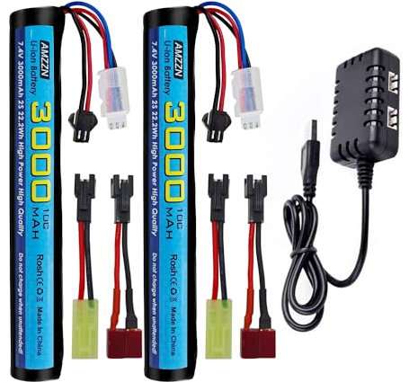 AMZZN 2PCS 7.4V 10C 3000mAh SM-2P Plug Li-ion Battery with 2-in-1 Charger for SRB1200 SRB400 SRB400-SUB MP5K M4 M110 Airsoft Gel Water Droplet Blaster, RC Car Drone Backup Battery