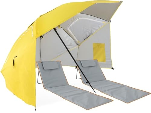 Stagecaptain Shady Layla Set Da Spiaggia - Tenda con Picchetto e Ombrellone, Protezione Solare e Intemperie Idrorepellente, Tappetini Imbottiti con Cuscino e Schienale Regolabile.