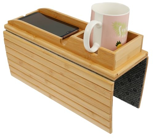 Mesa de brazo de sofá 2 en 1 de bambú, bandeja desmontable para reposabrazos de sofá, mesa antideslizante con portavasos, soporte plegable para aperitivos, teléfono, control, tazas, flexible y