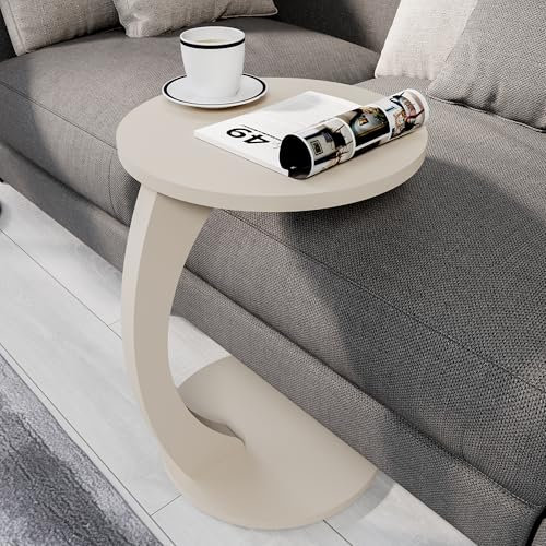 sugodesign Beistelltisch mit Rollen, Kleiner Couchtisch C Form, stylischer Sofatisch in schöner Sand-Beige-Optik, runder Tisch als Ablagefläche für Couch und Sofa, Beistelltisch Couch