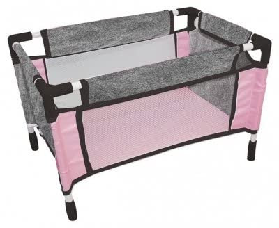 Lit de Voyage Poupee + Housse, Design Rose Gris Jean - 44x29x28cm - Jouet lit Parapluie Poupon - Set Accessoire Doll, Baby + 1 Carte