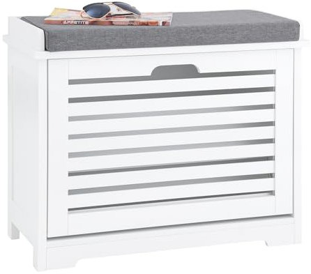 SoBuy Schuhkipper Schuhschrank mit Klappe Schuhbank mit Sitzkissen Schuhkommode Sitzbank Weiß BHT ca. 60x49x29cm FSR184-K-W