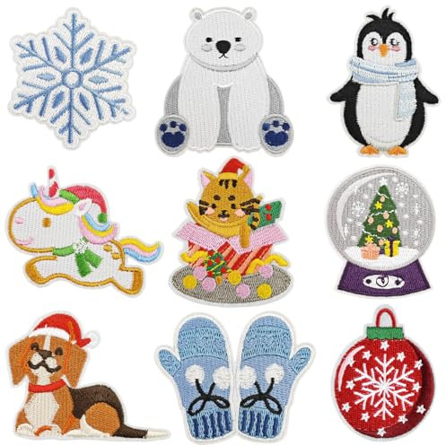 Patch Thermocollant Noël - Vêtement Enfant, Brodé Personnalisé, Stickers Tissu pour DIY Artisanat, Accessoires de Noël (9 Pièces)
