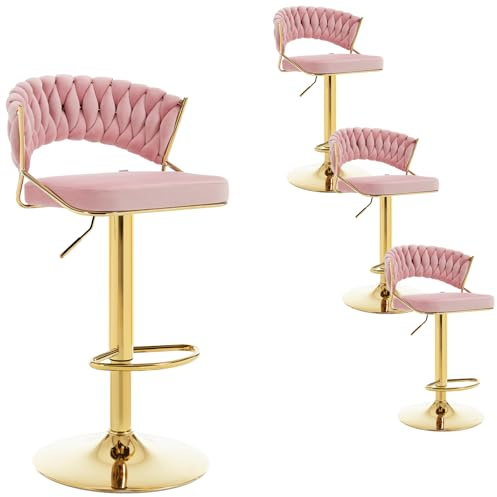WOLTU Sgabelli da Cucina Set di 4, Sgabelli da Bar Girevoli Altezza Regolabile con Poggiapiedi, Sgabelli Alti con Schienale per Cucina in Velluto, Rosa, BH427rs-4