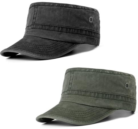 HIQIU 2er Set Militär Caps Herren - Vintage Army Flat Cap aus Waschbarer Baumwolle Verstellbar Kadett Military Cap (DE/NL/SE/PL, Alphanumerisch, M, L, Armeegrün+Schwarz)