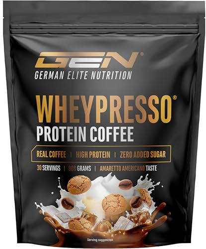 GEN GERMAN ELITE NUTRITION Wheypresso Protein Coffee - 908 g | Whey-Konzentrat & Isolat - High Protein Drink - Amaretto Americano Flavour