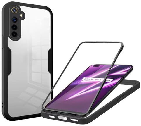 SLWYF Kompatibel mit Realme 6 Pro Hülle Eingebauter displayschutz 360 Grad Rundumschutz Handyhülle, Stoßfest TPU Bumper Schutzhülle Robuste Durchsichtige Kratzfest Case, Schwarz