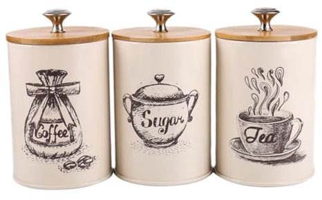 Juego de 3 cajas de almacenamiento retro para té, café, azúcar con tapa de bambú, blanco, capacidad de 1 litro