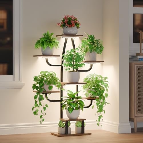 BACEKOLL Soporte para plantas con luz de crecimiento, 8 niveles, 110 cm, metal y madera, estantería para plantas para interior y exterior, color negro