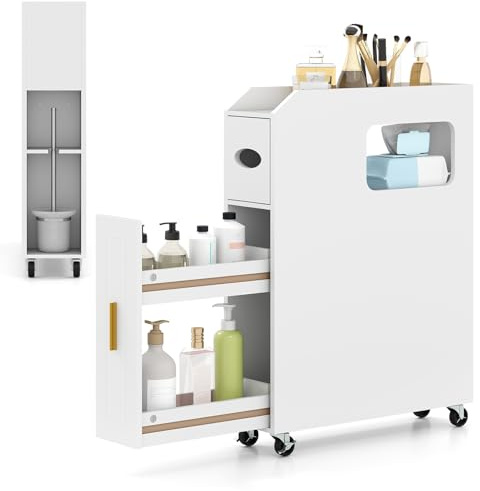 COSTWAY Slim Bathroom Floor Cabinet, Mobile Narrow Bathroom Storage Unit with Slide Out Drawer, Toilet Paper Shelf, Brush Holder and Wheels, Freestanding Compact Organiser for Small Space (White)
