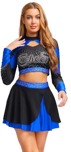 iiniim Damen Cheer Leader Kostüm Cheerleading Uniform Langarm Crop Tops mit Rock Cheer Tanzkleid Halloween Karneval Fasching Kostüm S Royal Blau S