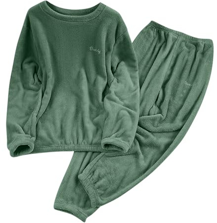 Womens Fluffy Loungewear Pyjamas Sets 2 Piece Sleepwear Casual Loose Fleece Pullover Lounge Pants Plush Thick Winter Nightwear Winter Cozy Pajamas PJs Set Green