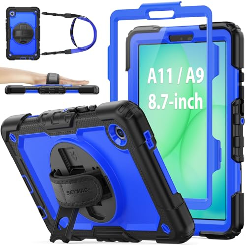 SEYMAC stock Funda para Samsung Galaxy Tab A11/A9 8,7'' | Funda Resistente con Protector de Pantalla [Soporte/Correa de Mano Giratorio de 360°] Portalápices y Bandolera, Azul