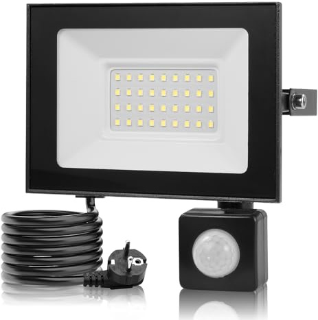30W LED Strahler mit Bewegungsmelder Außen,6500K Kaltweiß Scheinwerfer mit Stecker & 145cm Kabel,3000LM Superhell LED Außenstrahler,IP66 Wasserdicht Aussenstrahler,Fluter für Garten Hof Garage